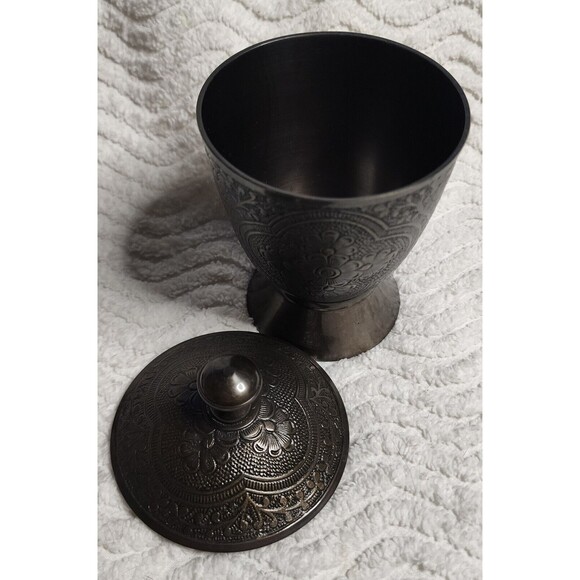 BEAUTIFUL Vintage 3pc BRONZE AntiqueBrass ETCHED 5"TrinketBox Lid 4"Saucer INDIA - Picture 8 of 16